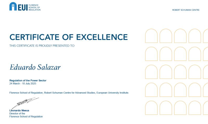 Florence School of Regulation Certificate of Excellence presented to Eduardo Salazar