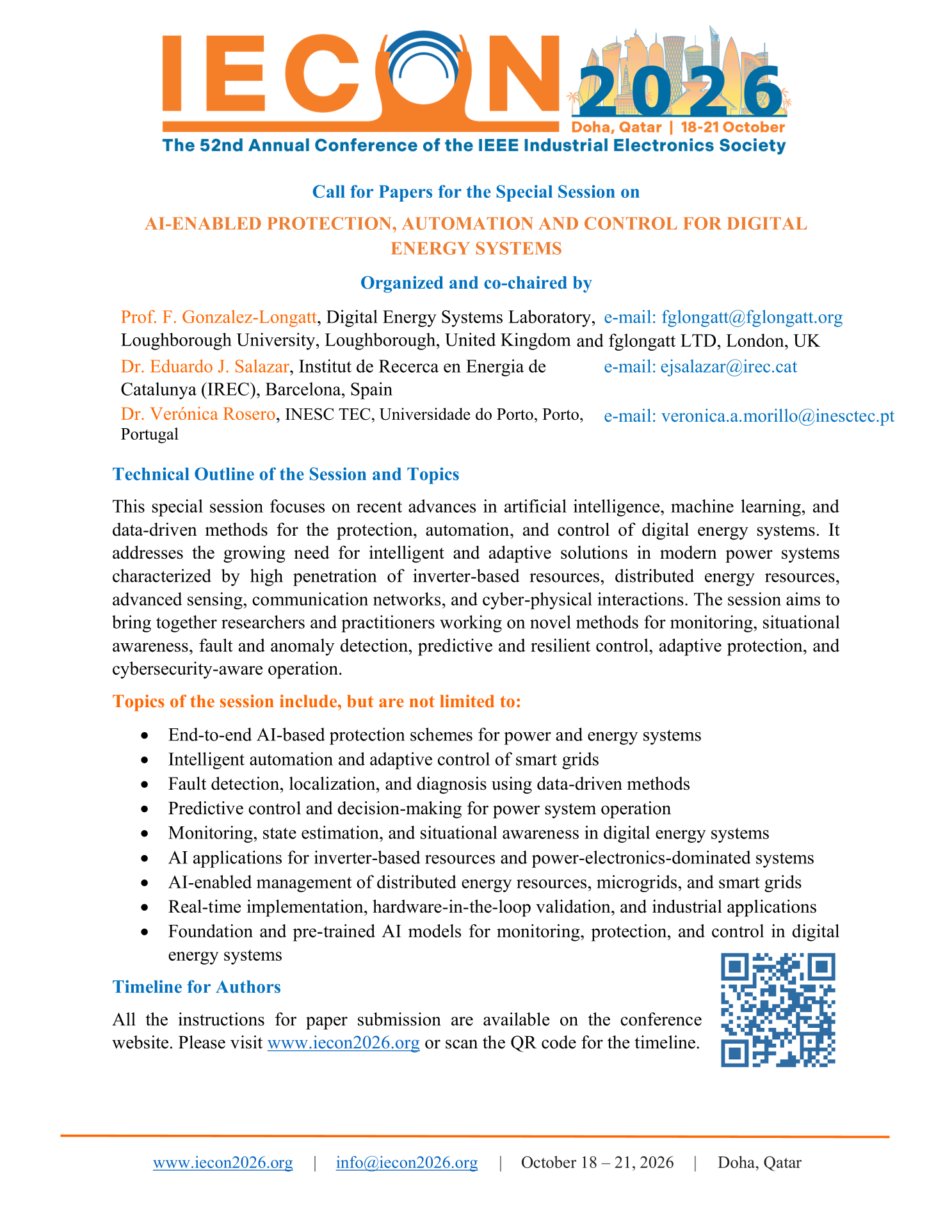 IECON 2026 call for papers naming Eduardo J. Salazar as co-chair of the special session on AI-enabled digital energy systems