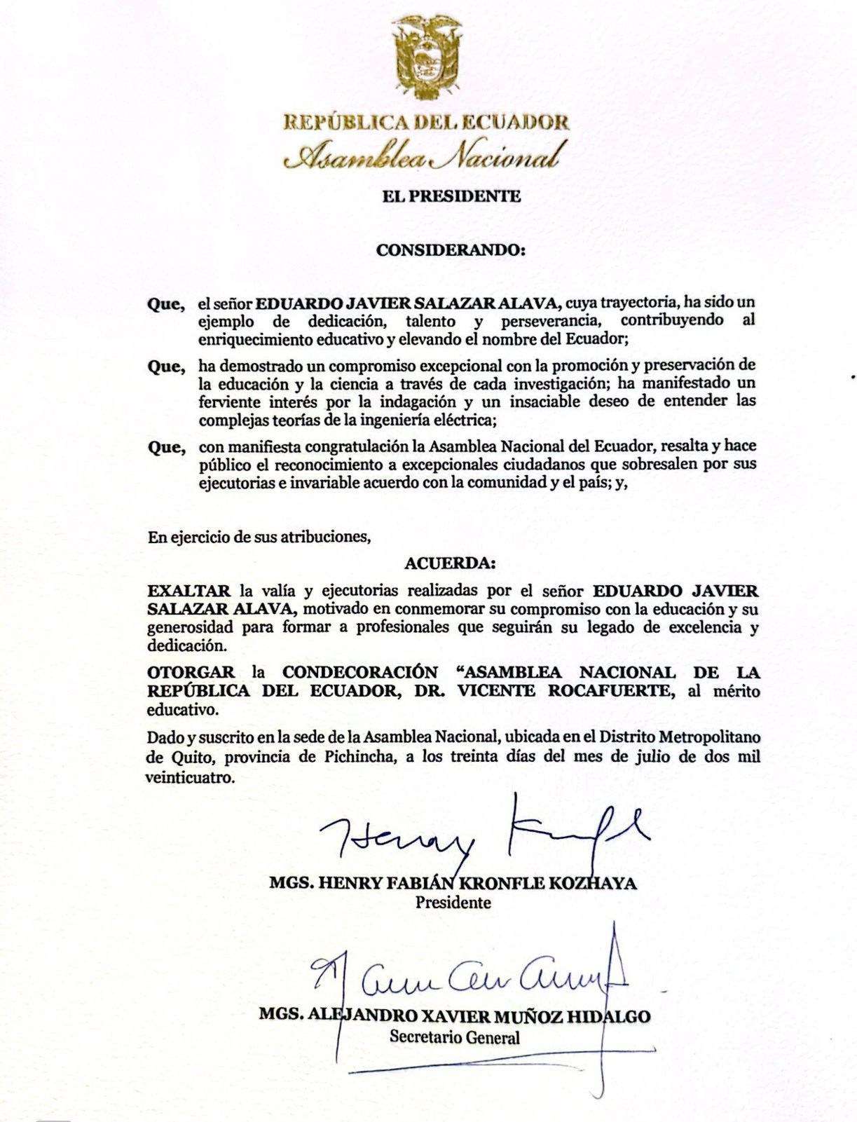 National Assembly of Ecuador resolution granting Eduardo Javier Salazar Alava the Dr. Vicente Rocafuerte decoration for educational merit